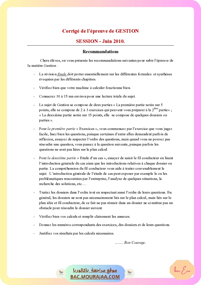Corrigé principale gestion Bac 2010 – Section eco
